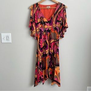 Karen Millen | Orange and Pink Printed Dress Flutter Sleeve Cold Shoulder Size 6